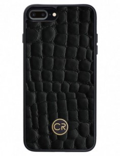 Etui premium skórzane, case na smartfon APPLE iPhone 7 PLUS. Skóra krokodyl czarna ze złotą blaszką.