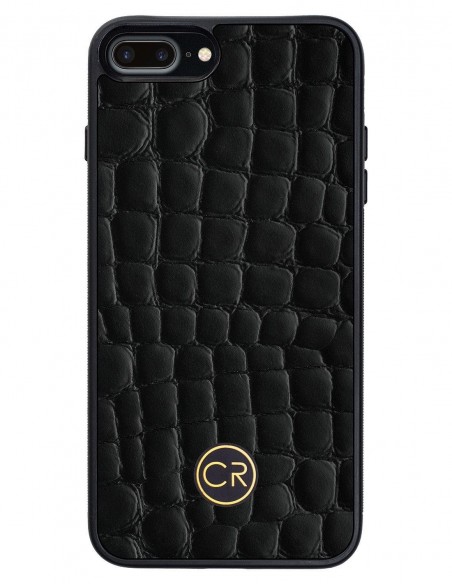 Etui premium skórzane, case na smartfon APPLE iPhone 7 PLUS. Skóra krokodyl czarna ze złotą blaszką.