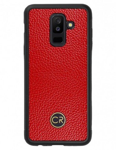 Etui premium skórzane, case na smartfon SAMSUNG GALAXY A6 PLUS. Skóra floater czerwona ze złotą blaszką.