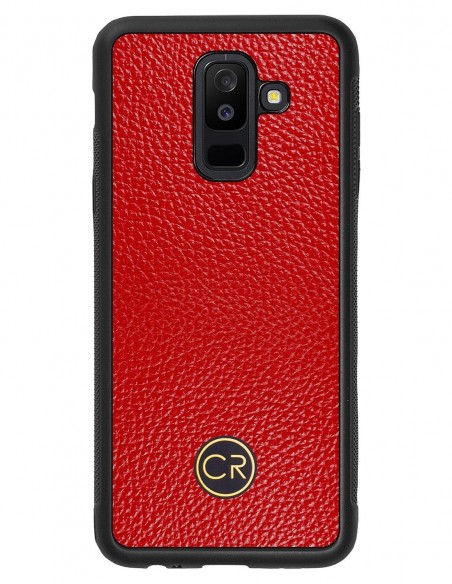 Etui premium skórzane, case na smartfon SAMSUNG GALAXY A6 PLUS. Skóra floater czerwona ze złotą blaszką.