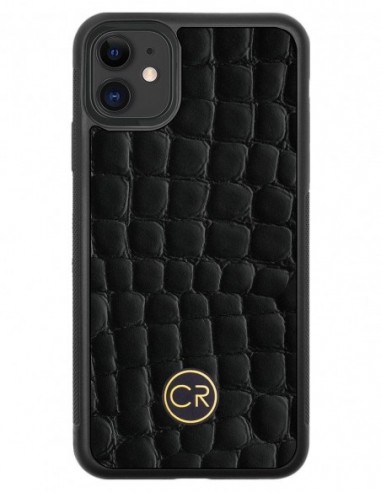 Etui premium skórzane, case na smartfon APPLE iPhone 11. Skóra krokodyl czarna ze złotą blaszką.