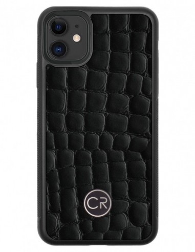 Etui premium skórzane, case na smartfon APPLE iPhone 11. Skóra krokodyl czarna ze srebrną blaszką.