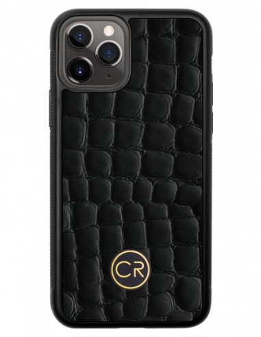 Etui premium skórzane, case na smartfon APPLE iPhone 11 PRO. Skóra krokodyl czarna ze złotą blaszką.