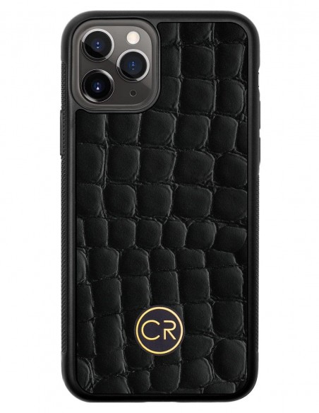 Etui premium skórzane, case na smartfon APPLE iPhone 11 PRO. Skóra krokodyl czarna ze złotą blaszką. Etui premium skórzane, case na smartfon APPLE iPhone 11 PRO. Skóra krokodyl czarna ze złotą blaszką.