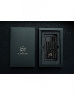 Etui premium skórzane, case na smartfon APPLE iPhone 11 PRO. Skóra krokodyl czarna ze złotą blaszką. 2