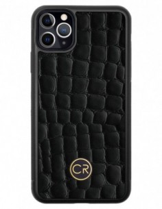 Etui premium skórzane, case na smartfon APPLE iPhone 11 PRO MAX. Skóra krokodyl czarna ze złotą blaszką.