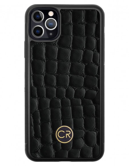 Etui premium skórzane, case na smartfon APPLE iPhone 11 PRO MAX. Skóra krokodyl czarna ze złotą blaszką.