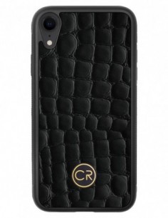 Etui premium skórzane, case na smartfon APPLE iPhone XR. Skóra krokodyl czarna ze złotą blaszką.