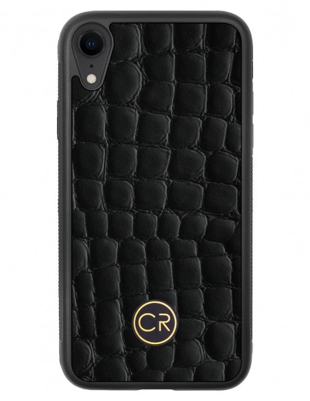 Etui premium skórzane, case na smartfon APPLE iPhone XR. Skóra krokodyl czarna ze złotą blaszką.