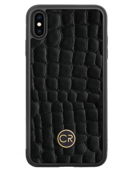 Etui premium skórzane, case na smartfon APPLE iPhone XS MAX. Skóra krokodyl czarna ze złotą blaszką.