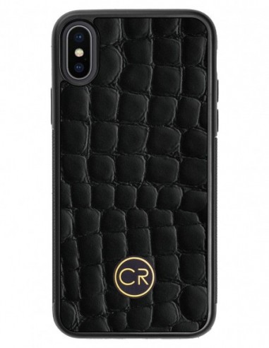 Etui premium skórzane, case na smartfon APPLE iPhone X. Skóra krokodyl czarna ze złotą blaszką.