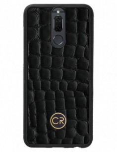 Etui premium skórzane, case na smartfon HUAWEI MATE 10 LITE. Skóra krokodyl czarna ze złotą blaszką.