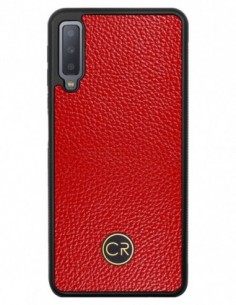 Etui premium skórzane, case na smartfon SAMSUNG GALAXY A7 2018. Skóra floater czerwona ze złotą blaszką.