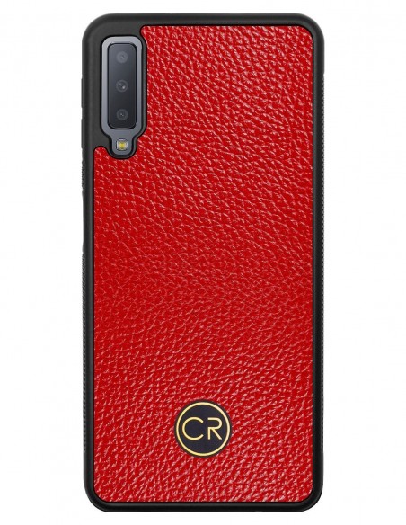 Etui premium skórzane, case na smartfon SAMSUNG GALAXY A7 2018. Skóra floater czerwona ze złotą blaszką.