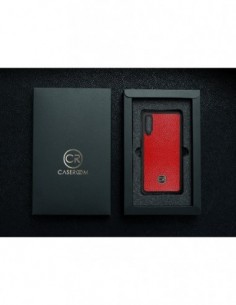 Etui premium skórzane, case na smartfon SAMSUNG GALAXY A7 2018. Skóra floater czerwona ze złotą blaszką. 2