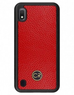 Etui premium skórzane, case na smartfon SAMSUNG GALAXY A10. Skóra floater czerwona ze złotą blaszką.