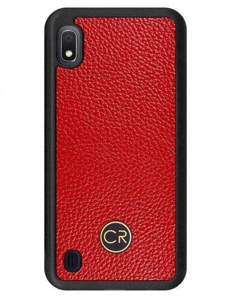 Etui premium skórzane, case na smartfon SAMSUNG GALAXY A10. Skóra floater czerwona ze złotą blaszką.