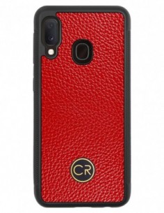 Etui premium skórzane, case na smartfon SAMSUNG GALAXY A20E. Skóra floater czerwona ze złotą blaszką.