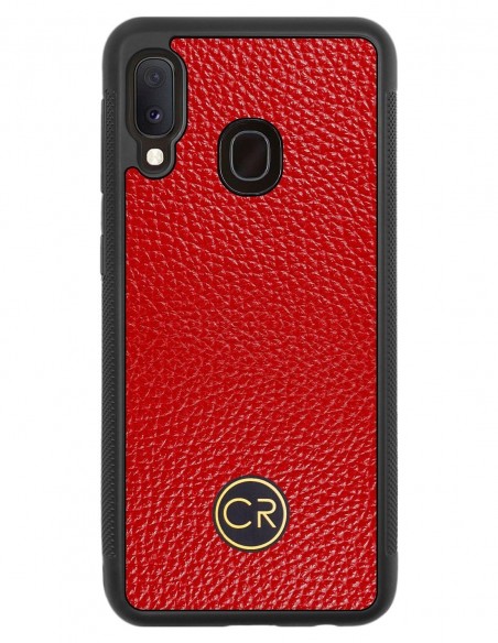 Etui premium skórzane, case na smartfon SAMSUNG GALAXY A20E. Skóra floater czerwona ze złotą blaszką.