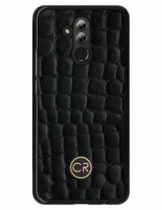 Etui premium skórzane, case na smartfon HUAWEI MATE 20 LITE. Skóra krokodyl czarna ze złotą blaszką.