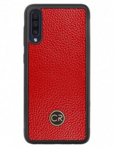 Etui premium skórzane, case na smartfon SAMSUNG GALAXY A50. Skóra floater czerwona ze złotą blaszką.