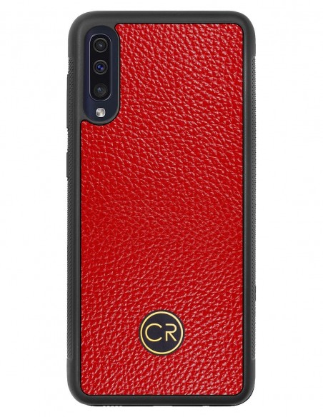 Etui premium skórzane, case na smartfon SAMSUNG GALAXY A50. Skóra floater czerwona ze złotą blaszką.