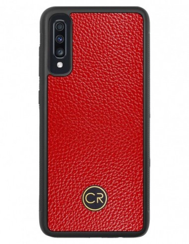 Etui premium skórzane, case na smartfon SAMSUNG GALAXY A70. Skóra floater czerwona ze złotą blaszką.