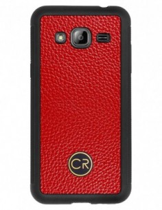 Etui premium skórzane, case na smartfon SAMSUNG GALAXY J3 2016. Skóra floater czerwona ze złotą blaszką.