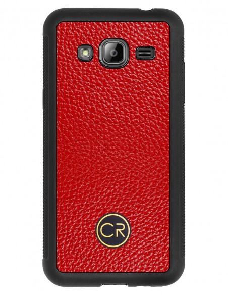 Etui premium skórzane, case na smartfon SAMSUNG GALAXY J3 2016. Skóra floater czerwona ze złotą blaszką.