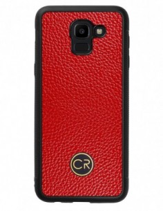 Etui premium skórzane, case na smartfon SAMSUNG GALAXY J6 2018. Skóra floater czerwona ze złotą blaszką.