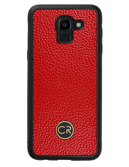 Etui premium skórzane, case na smartfon SAMSUNG GALAXY J6 2018. Skóra floater czerwona ze złotą blaszką.