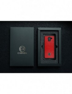 Etui premium skórzane, case na smartfon SAMSUNG GALAXY J6 2018. Skóra floater czerwona ze złotą blaszką. 2