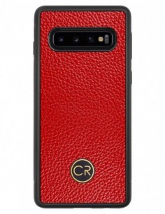 Etui premium skórzane, case na smartfon SAMSUNG GALAXY S10. Skóra floater czerwona ze złotą blaszką.