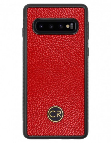 Etui premium skórzane, case na smartfon SAMSUNG GALAXY S10. Skóra floater czerwona ze złotą blaszką.