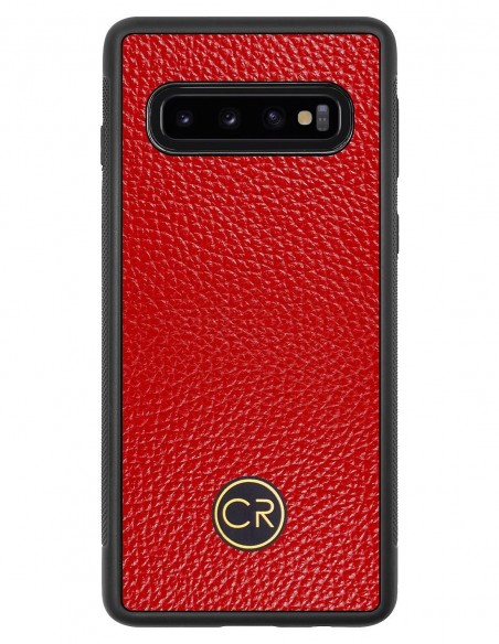 Etui premium skórzane, case na smartfon SAMSUNG GALAXY S10. Skóra floater czerwona ze złotą blaszką.