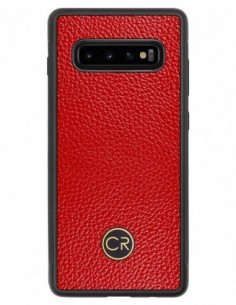 Etui premium skórzane, case na smartfon SAMSUNG GALAXY S10 PLUS. Skóra floater czerwona ze złotą blaszką.