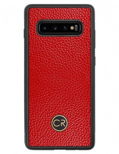 Etui premium skórzane, case na smartfon SAMSUNG GALAXY S10 PLUS. Skóra floater czerwona ze złotą blaszką.