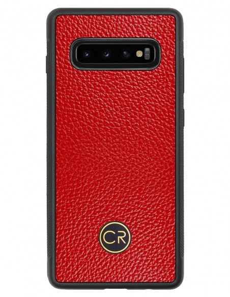 Etui premium skórzane, case na smartfon SAMSUNG GALAXY S10 PLUS. Skóra floater czerwona ze złotą blaszką.