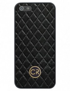 Etui premium skórzane, case na smartfon APPLE iPhone SE (2016). Skóra pikowana czarna ze złotą blaszką.