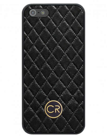 Etui premium skórzane, case na smartfon APPLE iPhone SE (2016). Skóra pikowana czarna ze złotą blaszką.