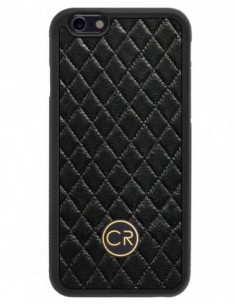 Etui premium skórzane, case na smartfon APPLE iPhone 6. Skóra pikowana czarna ze złotą blaszką.