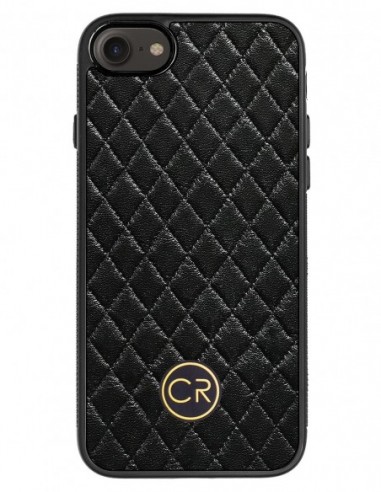 Etui premium skórzane, case na smartfon APPLE iPhone 8. Skóra pikowana czarna ze złotą blaszką.