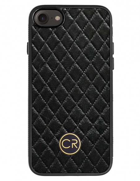 Etui premium skórzane, case na smartfon APPLE iPhone 8. Skóra pikowana czarna ze złotą blaszką. Etui premium skórzane, case na smartfon APPLE iPhone 8. Skóra pikowana czarna ze złotą blaszką.