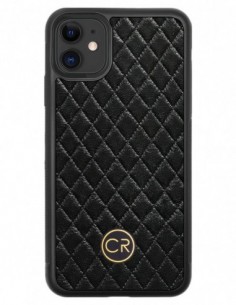 Etui premium skórzane, case na smartfon APPLE iPhone 11. Skóra pikowana czarna ze złotą blaszką.