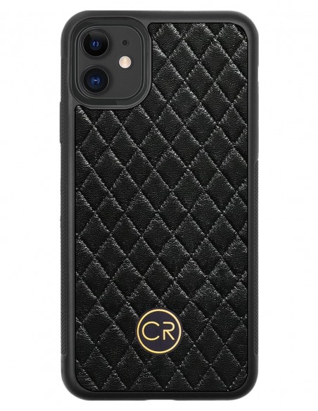 Etui premium skórzane, case na smartfon APPLE iPhone 11. Skóra pikowana czarna ze złotą blaszką.