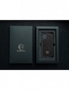 Etui premium skórzane, case na smartfon APPLE iPhone 11. Skóra pikowana czarna ze złotą blaszką. 2