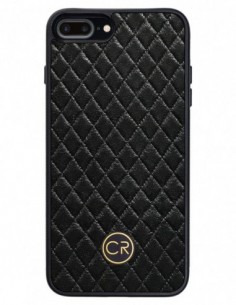 Etui premium skórzane, case na smartfon APPLE iPhone 8 PLUS. Skóra pikowana czarna ze złotą blaszką.