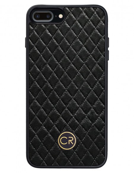 Etui premium skórzane, case na smartfon APPLE iPhone 8 PLUS. Skóra pikowana czarna ze złotą blaszką.