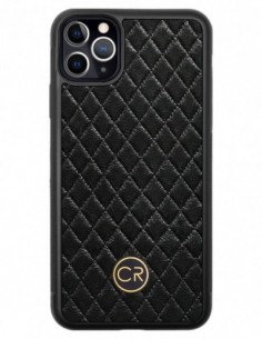 Etui premium skórzane, case na smartfon APPLE iPhone 11 PRO MAX. Skóra pikowana czarna ze złotą blaszką.