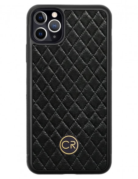 Etui premium skórzane, case na smartfon APPLE iPhone 11 PRO MAX. Skóra pikowana czarna ze złotą blaszką.